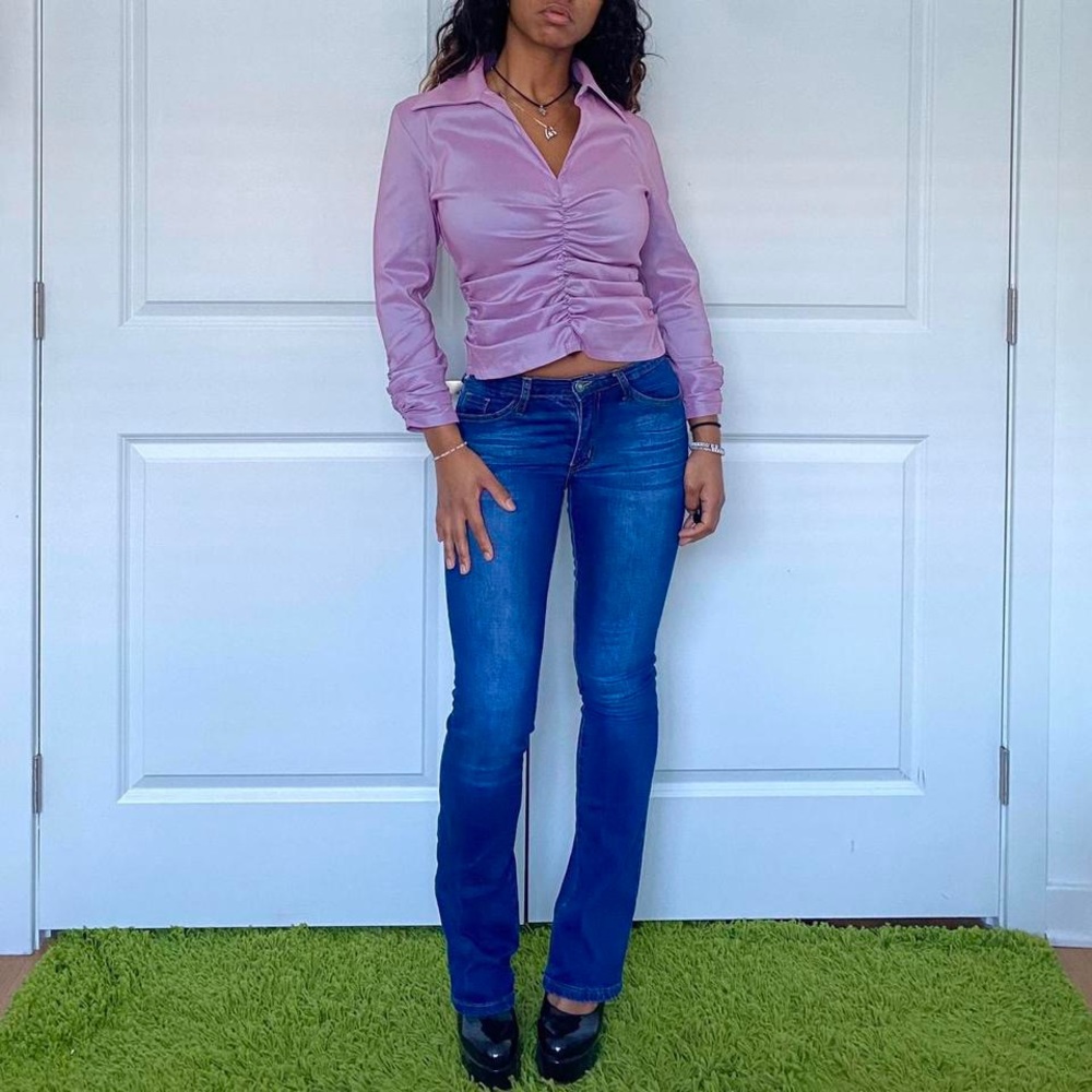 Vintage Lilac Ruched V Neck TADASHI Blouse
